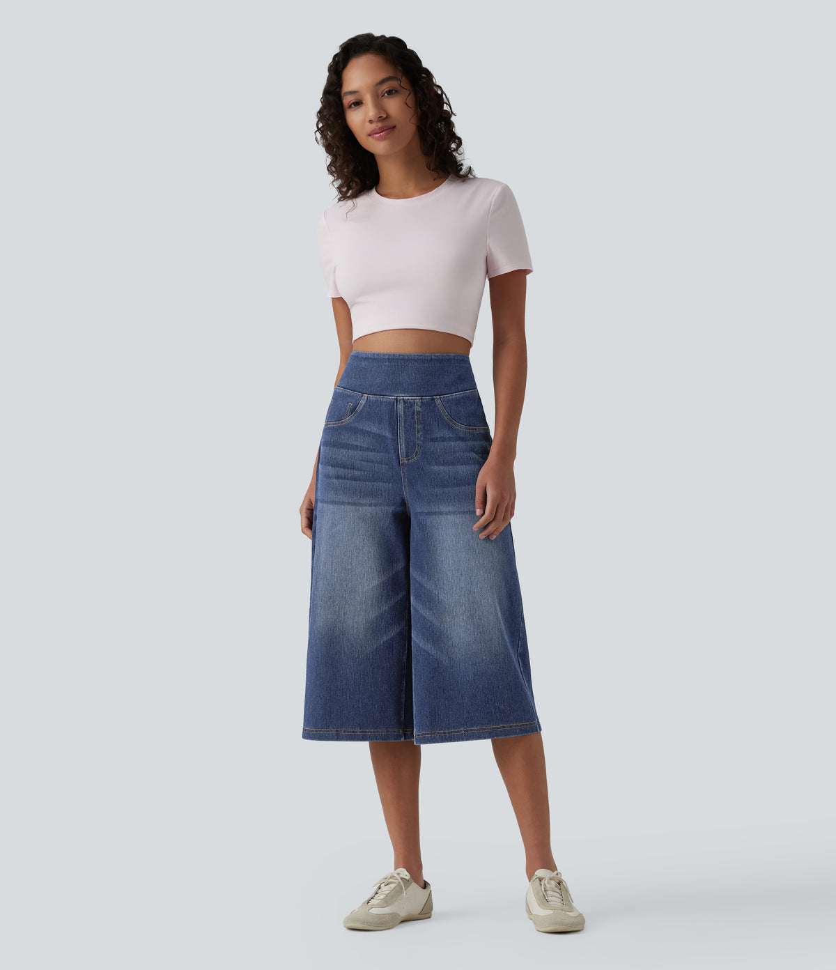 High Waisted Tummy Control Casual Capri Baggy Jeans with Pockets — Pageant Blue Denim — view 6