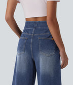 High Waisted Tummy Control Casual Capri Baggy Jeans with Pockets — Pageant Blue Denim — view 5