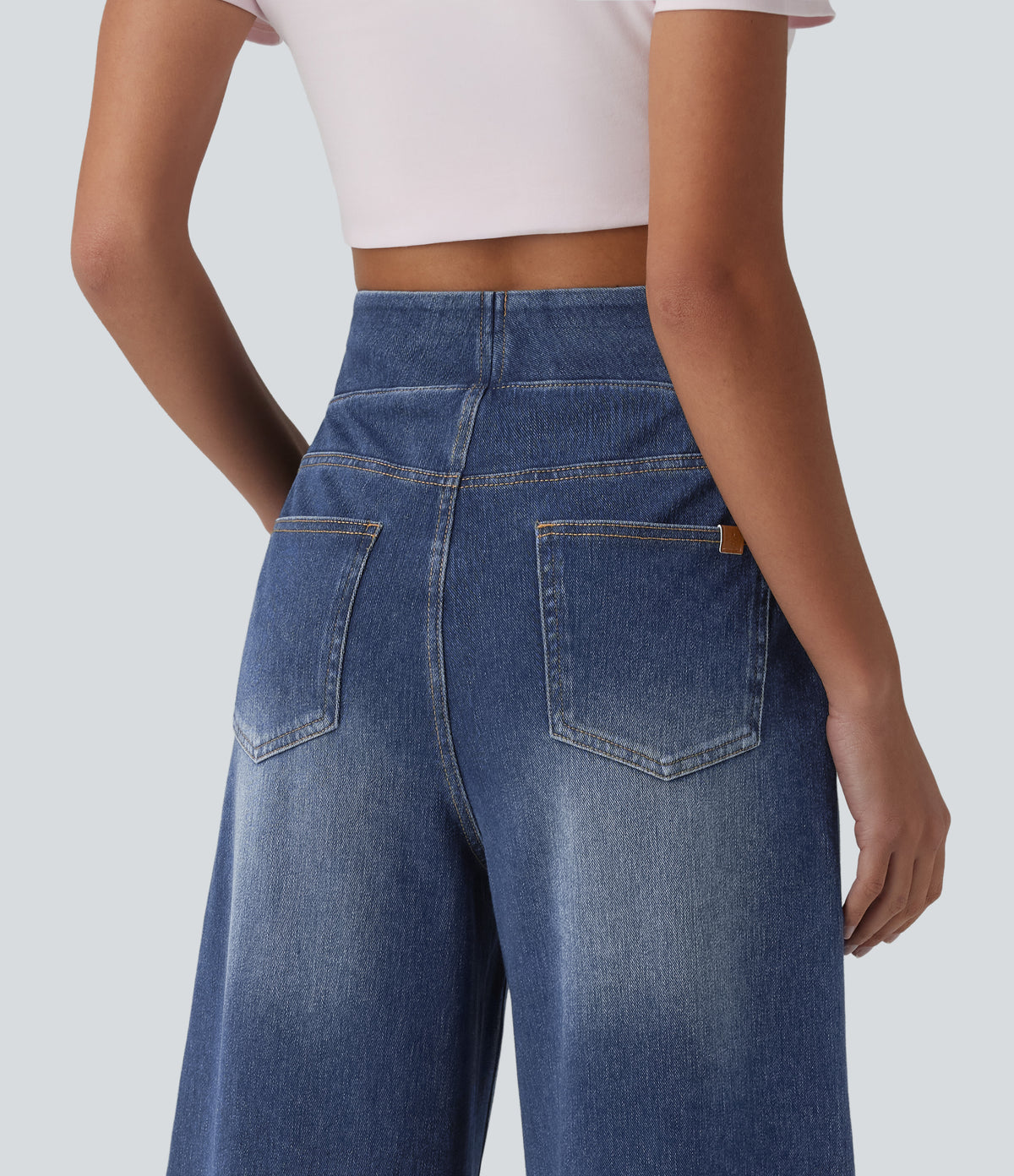 High Waisted Tummy Control Casual Capri Baggy Jeans with Pockets — Pageant Blue Denim — view 5