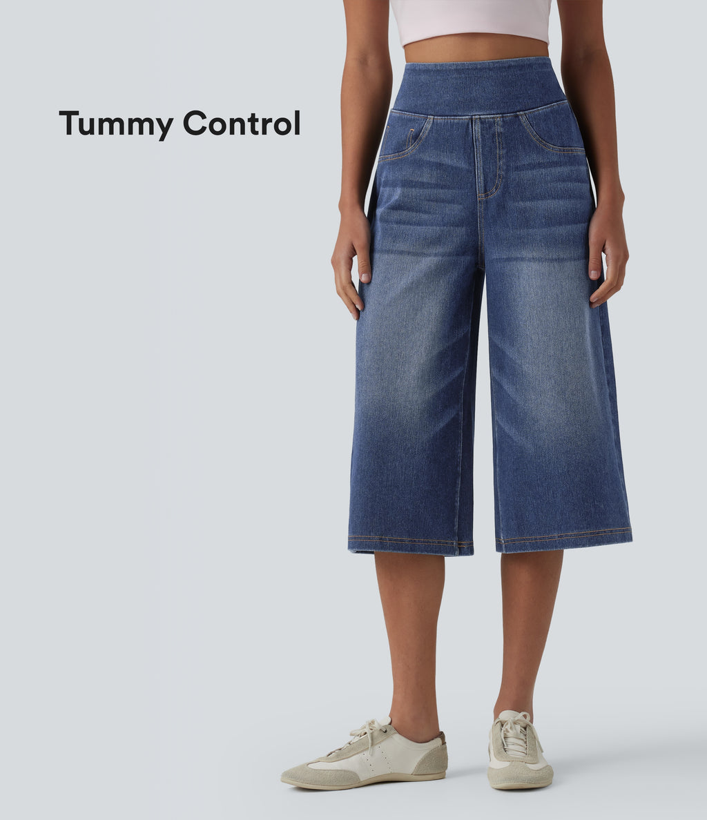 High Waisted Tummy Control Casual Capri Baggy Jeans with Pockets — Pageant Blue Denim — view 1