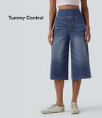 High Waisted Tummy Control Casual Capri Baggy Jeans with Pockets — Pageant Blue Denim — view 1