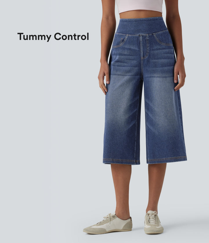 High Waisted Tummy Control Casual Capri Baggy Jeans with Pockets — Pageant Blue Denim — view 1