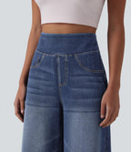 High Waisted Tummy Control Casual Capri Baggy Jeans with Pockets — Pageant Blue Denim — view 4