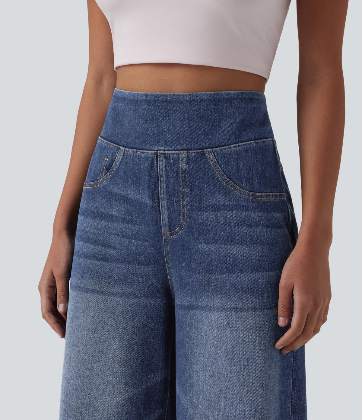 High Waisted Tummy Control Casual Capri Baggy Jeans with Pockets — Pageant Blue Denim — view 4
