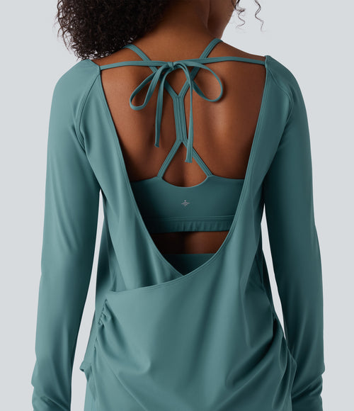 Airy Backless Crossover Long Sleeve Thumb Holes Ruched Curved Hem 2-in-1 Yoga Sports Top — Rock Cyan Blue — view 1