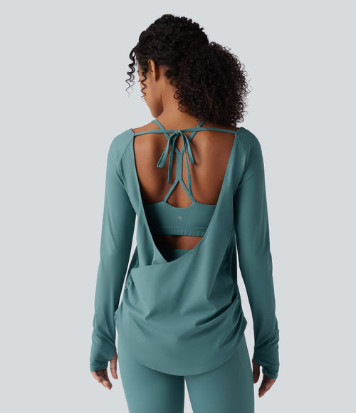 Airy Backless Crossover Long Sleeve Thumb Holes Ruched Curved Hem 2-in-1 Yoga Sports Top — Rock Cyan Blue — view 2
