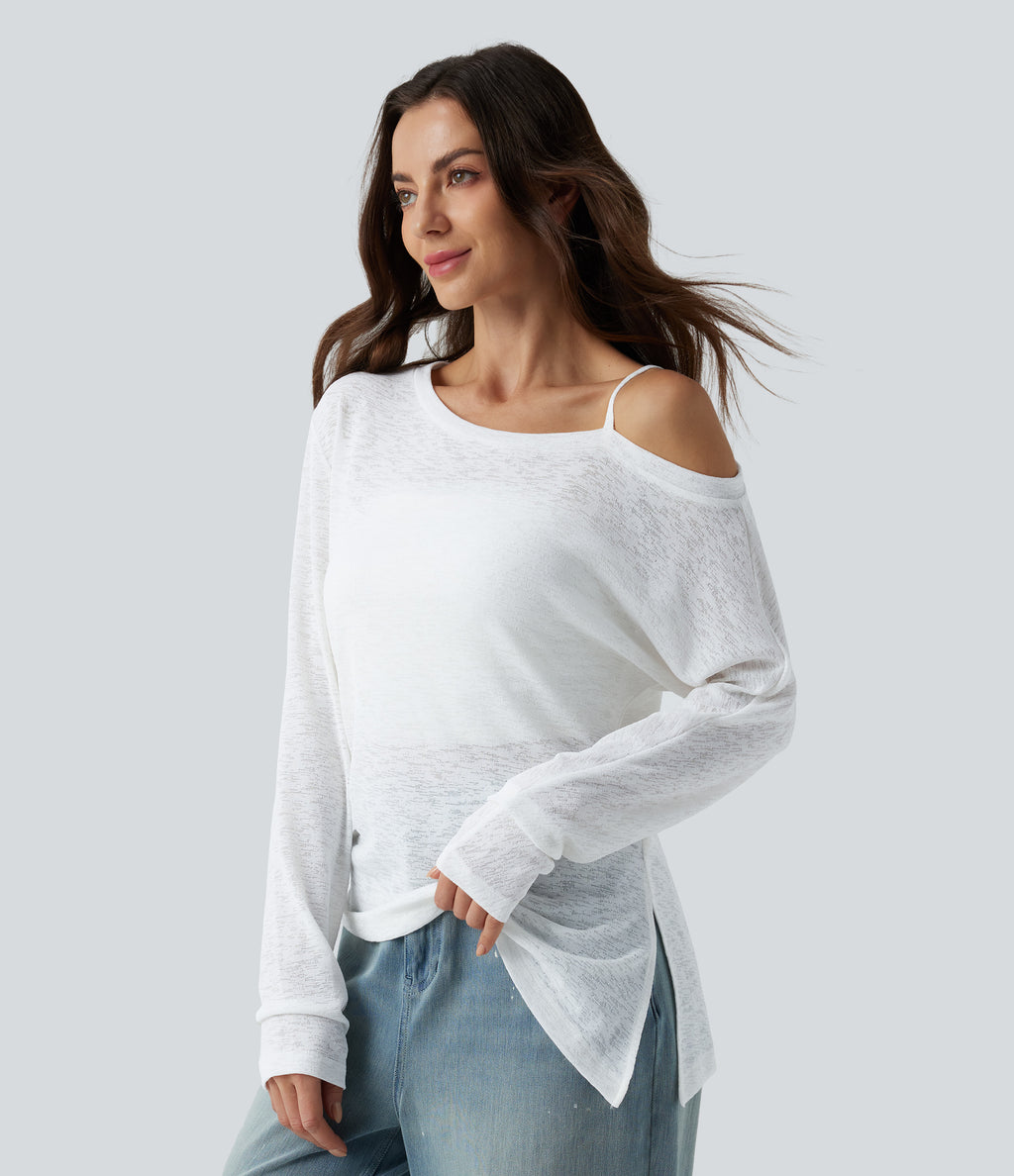 Semi Sheer One Shoulder Long Sleeve Asymmetric Hem Casual T-Shirt — White — view 3