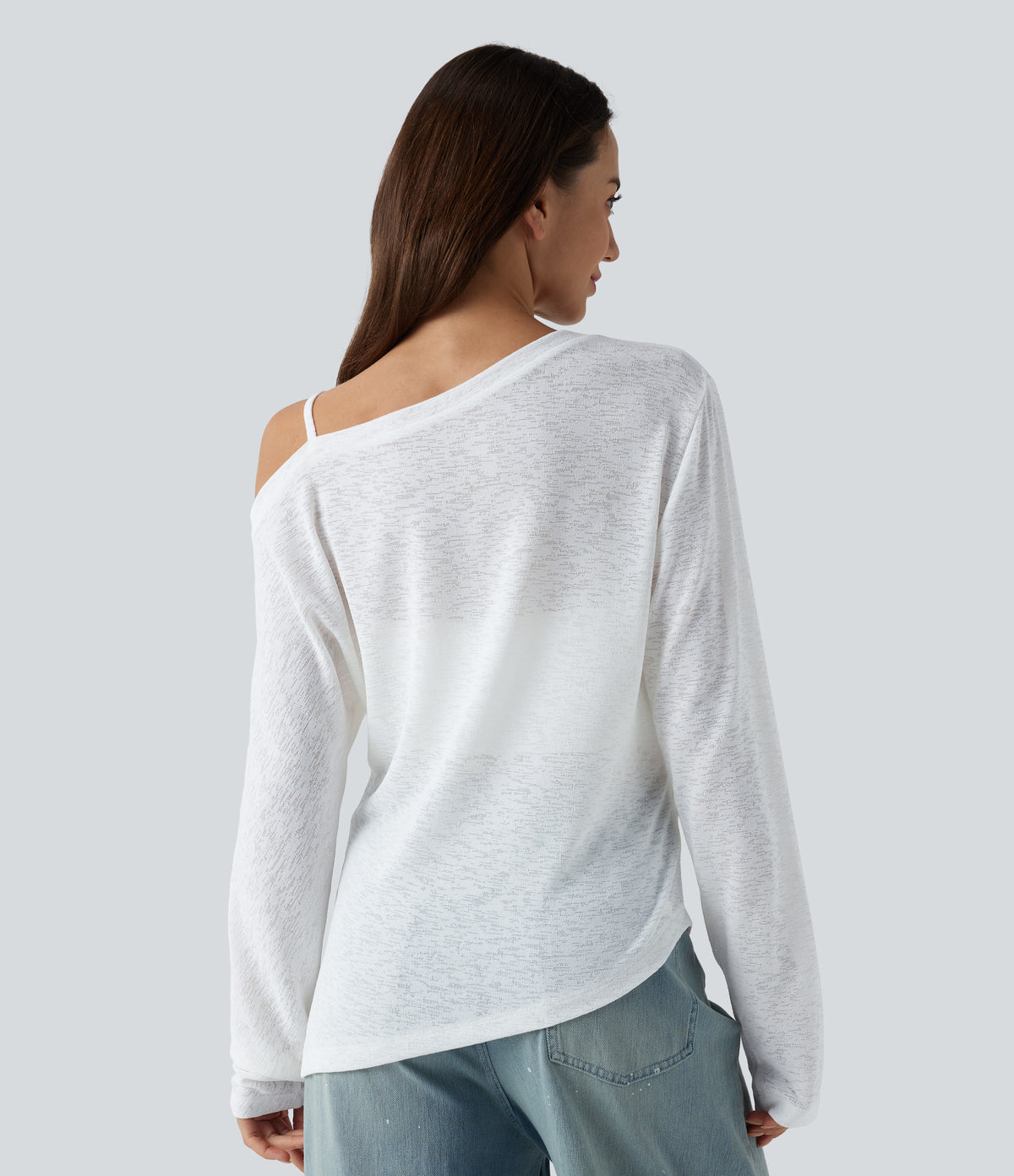 Semi Sheer One Shoulder Long Sleeve Asymmetric Hem Casual T-Shirt — White — view 2