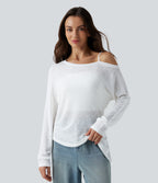 Semi Sheer One Shoulder Long Sleeve Asymmetric Hem Casual T-Shirt — White — view 1