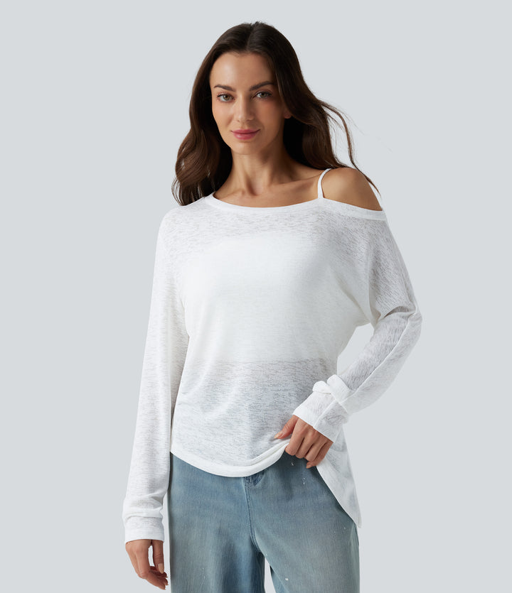 Semi Sheer One Shoulder Long Sleeve Asymmetric Hem Casual T-Shirt — White — view 1