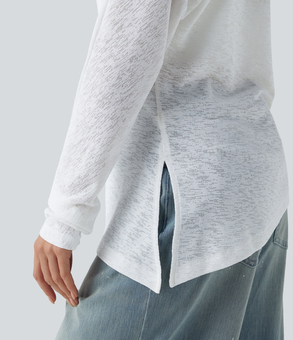 Semi Sheer One Shoulder Long Sleeve Asymmetric Hem Casual T-Shirt — White — view 5