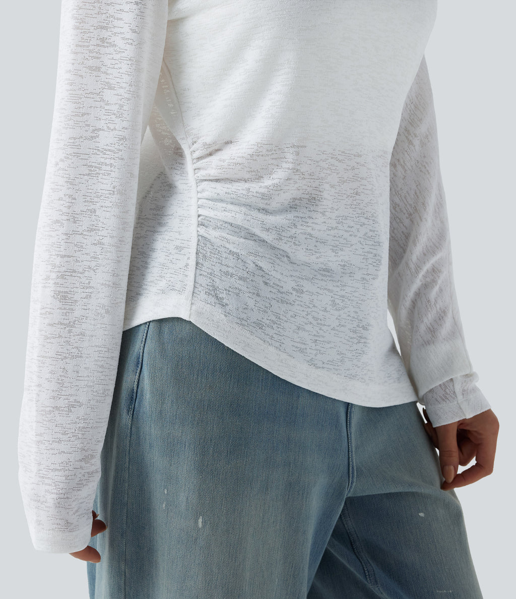 Semi Sheer One Shoulder Long Sleeve Asymmetric Hem Casual T-Shirt — White — view 6