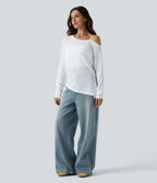 Semi Sheer One Shoulder Long Sleeve Asymmetric Hem Casual T-Shirt — White — view 7