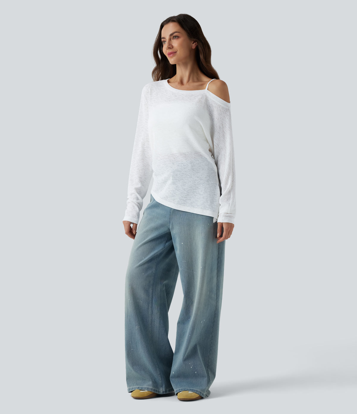 Semi Sheer One Shoulder Long Sleeve Asymmetric Hem Casual T-Shirt — White — view 7
