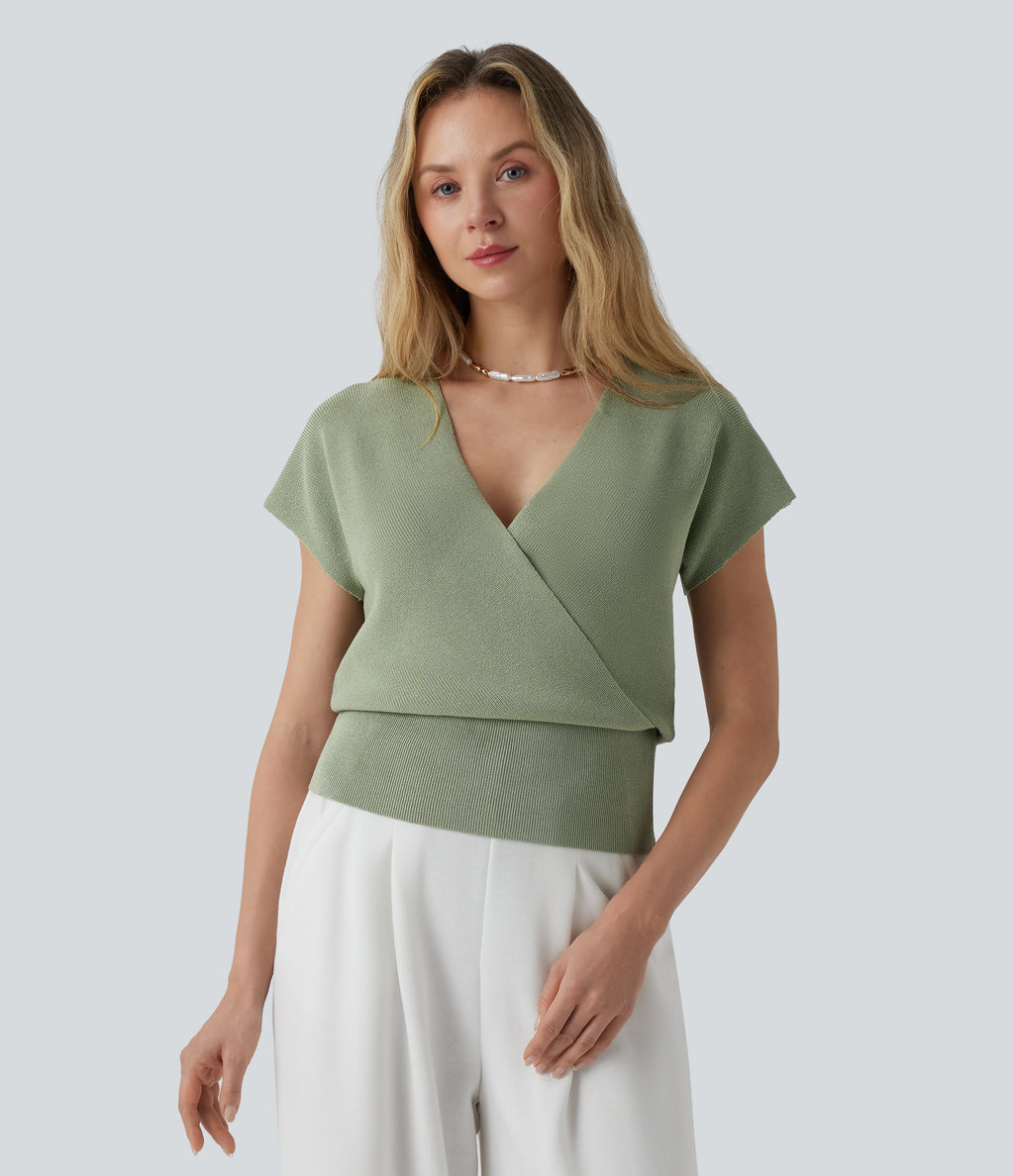 V-neck Crossover Short Sleeve Casual Jumper — Swamp — view 2