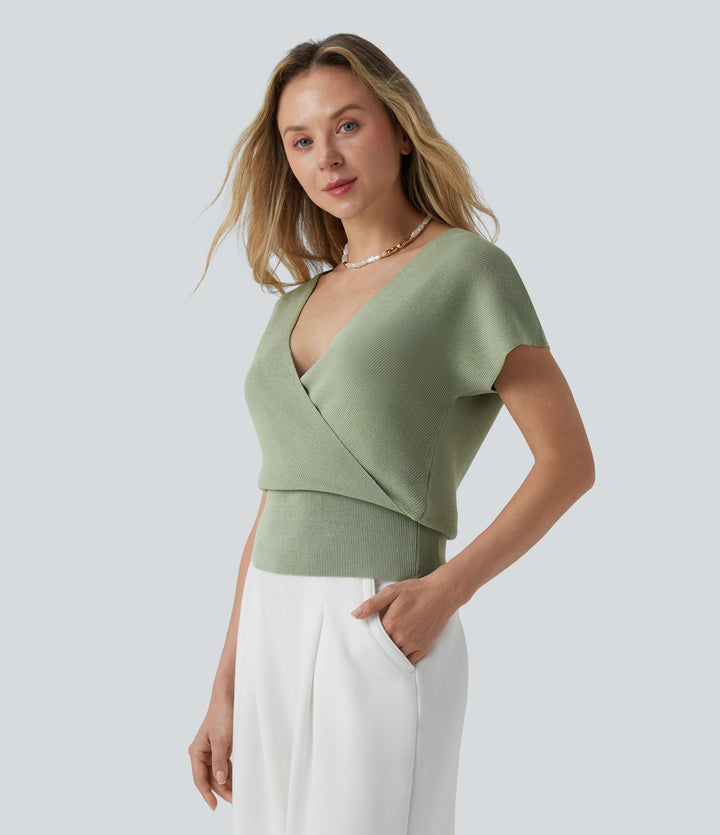 V-neck Crossover Short Sleeve Casual Jumper — Swamp — view 1