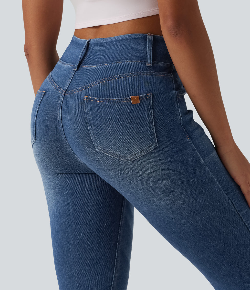 High Waisted Capri Denim Casual Leggings with Pockets — Tide Blue Denim — view 4