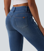 High Waisted Capri Denim Casual Leggings with Pockets — Tide Blue Denim — view 4