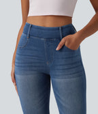 High Waisted Capri Denim Casual Leggings with Pockets — Tide Blue Denim — view 5