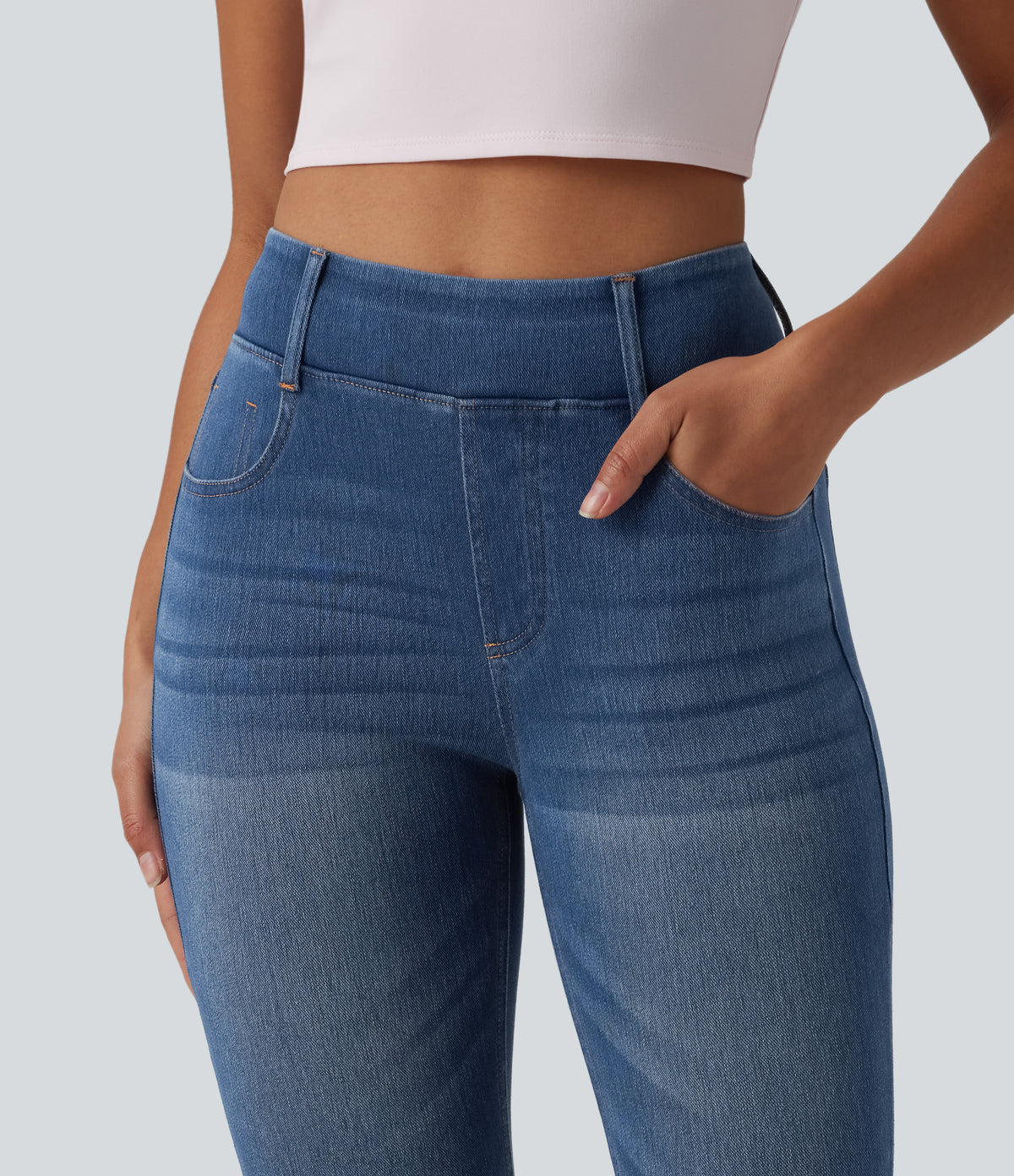 High Waisted Capri Denim Casual Leggings with Pockets — Tide Blue Denim — view 5