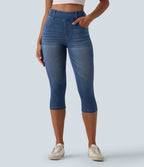 High Waisted Capri Denim Casual Leggings with Pockets — Tide Blue Denim — view 3