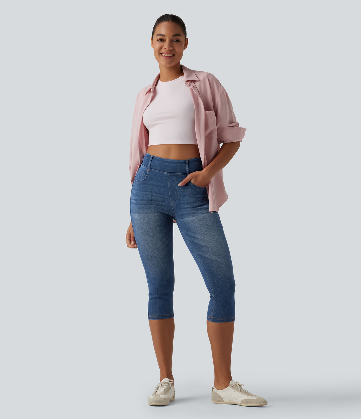 High Waisted Capri Denim Casual Leggings with Pockets — Tide Blue Denim — view 6