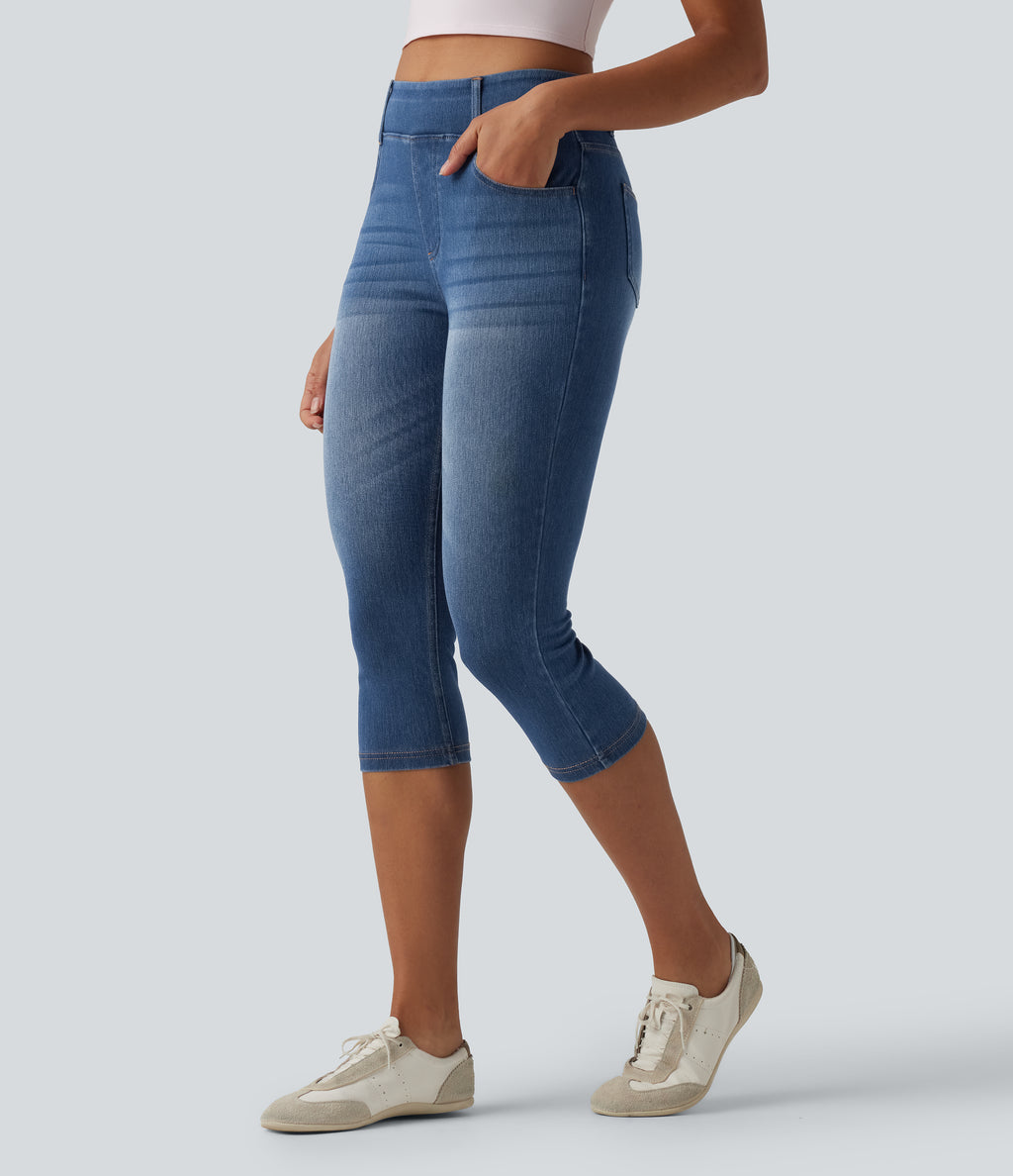 High Waisted Capri Denim Casual Leggings with Pockets — Tide Blue Denim — view 1