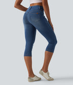 High Waisted Capri Denim Casual Leggings with Pockets — Tide Blue Denim — view 2