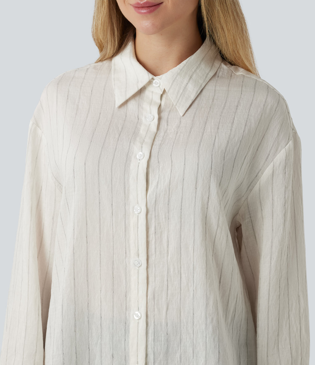 Long Sleeve Stripe Work Linen-Blend Shirt — Ivory Mist — view 5