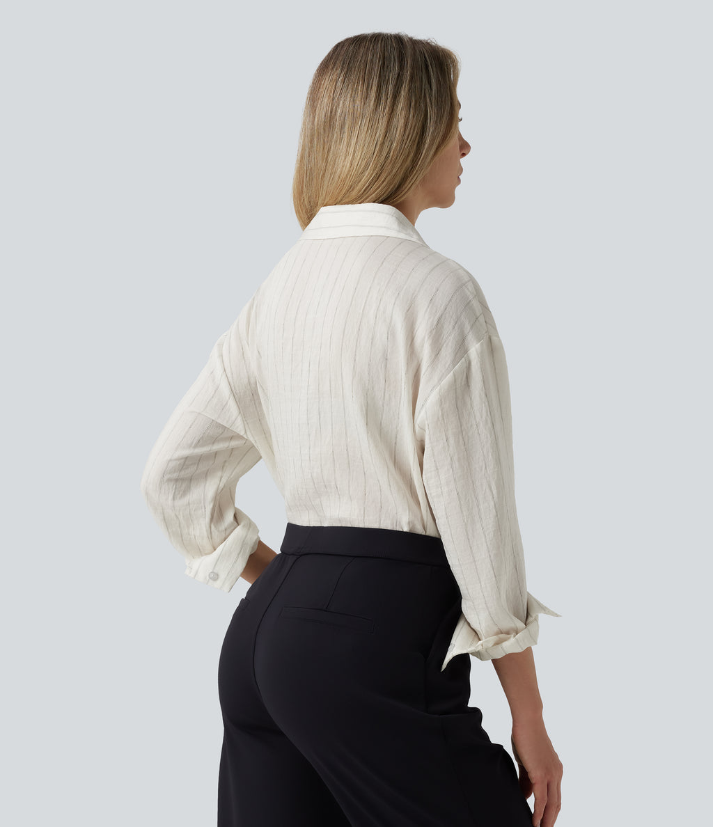 Long Sleeve Stripe Work Linen-Blend Shirt — Ivory Mist — view 2