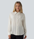 Long Sleeve Stripe Work Linen-Blend Shirt — Ivory Mist — view 6