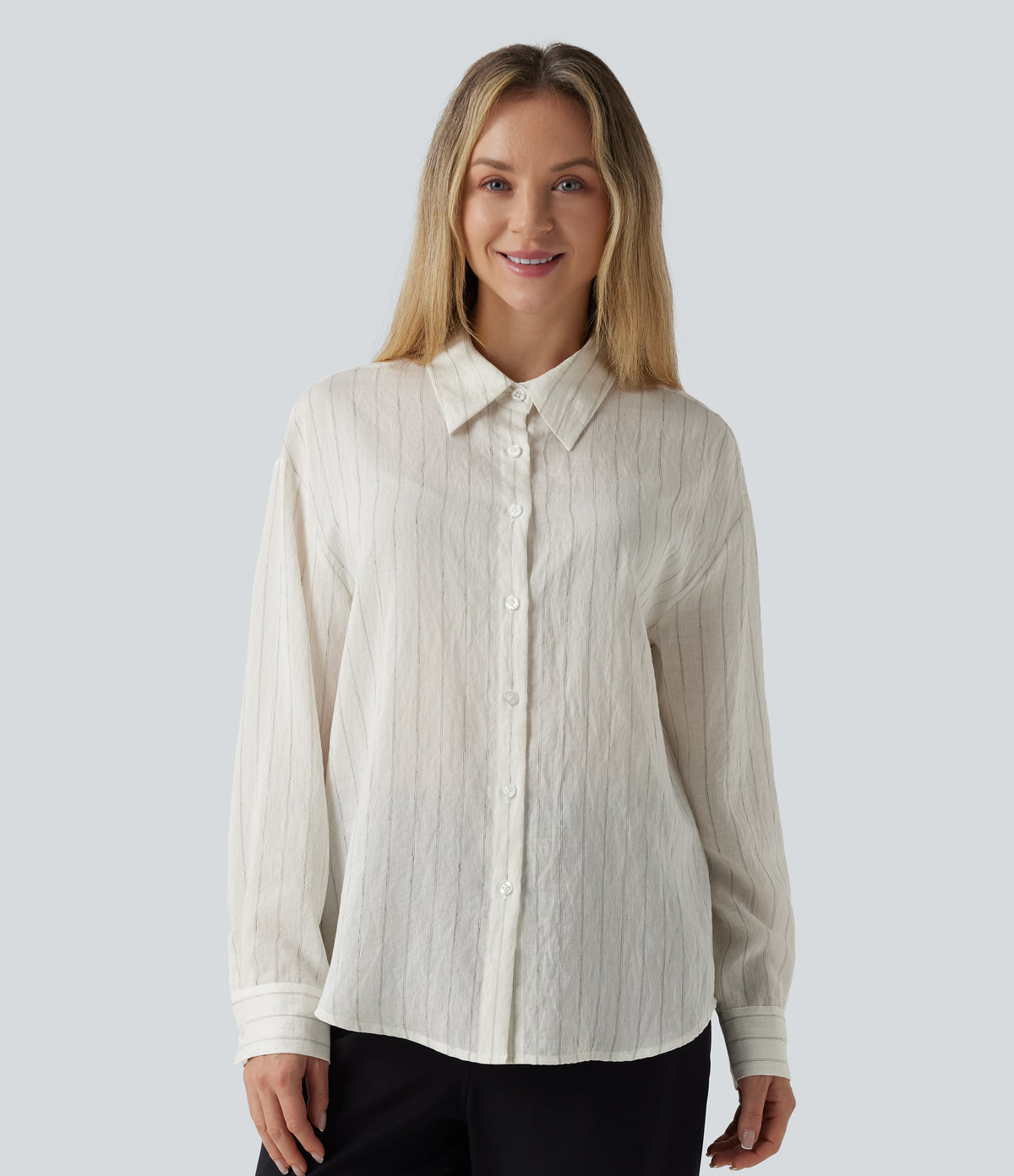 Long Sleeve Stripe Work Linen-Blend Shirt — Ivory Mist — view 6
