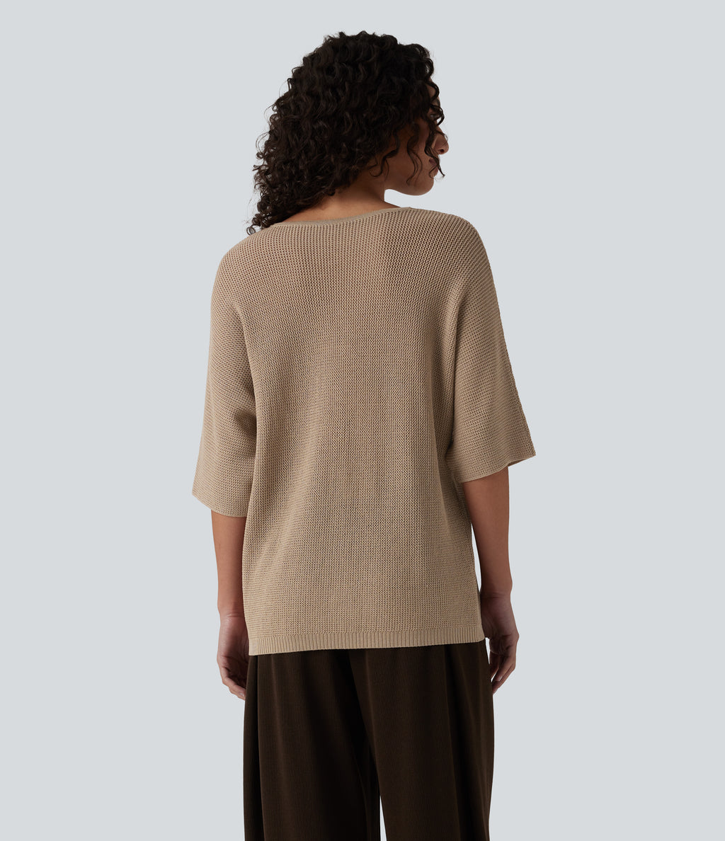 V Neck Half Sleeve Casual Jumper — Tawny Brown — view 2