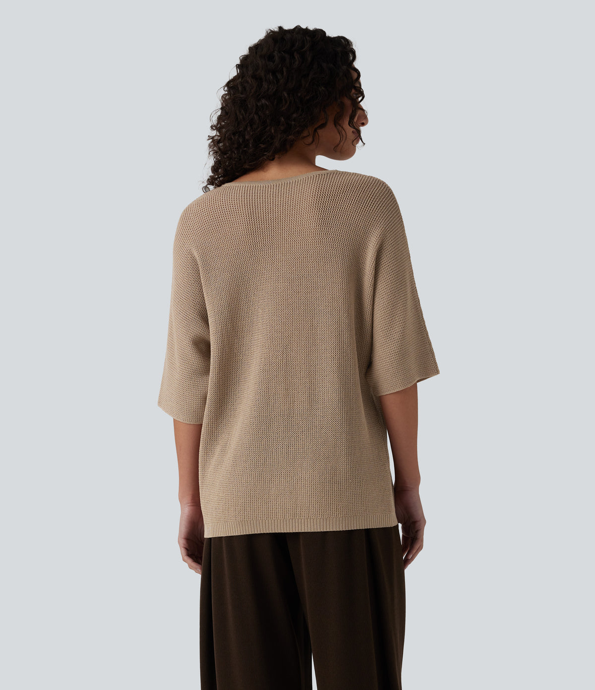 V Neck Half Sleeve Casual Jumper — Tawny Brown — view 2