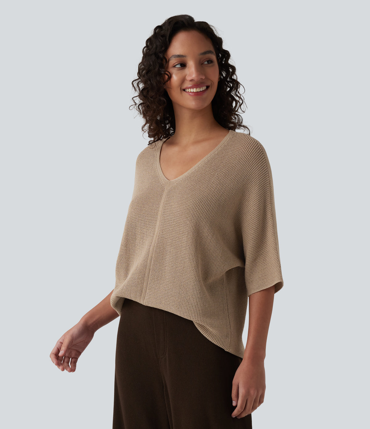 V Neck Half Sleeve Casual Jumper — Tawny Brown — view 3
