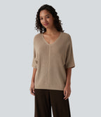 V Neck Half Sleeve Casual Jumper — Tawny Brown — view 5