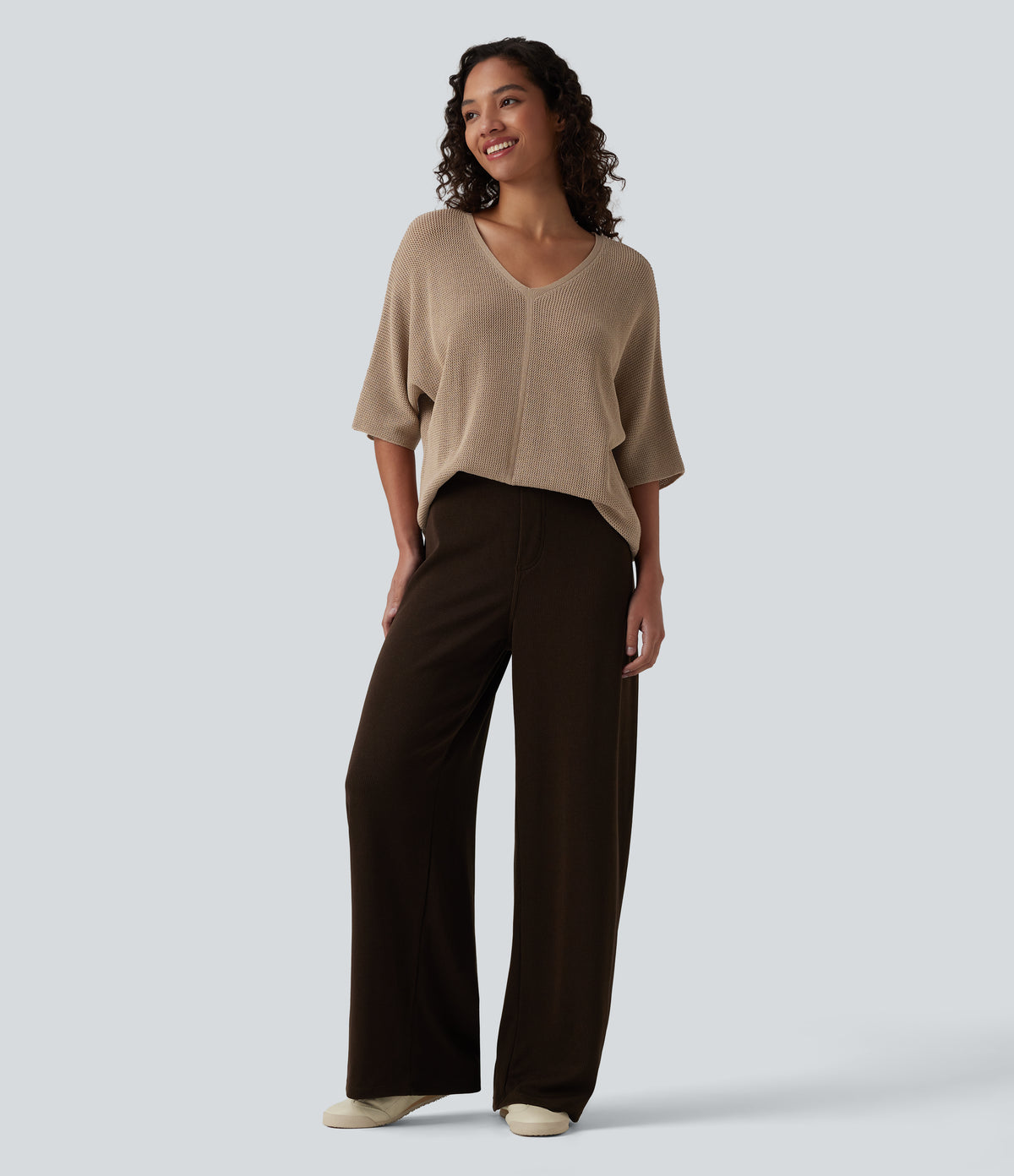 V Neck Half Sleeve Casual Jumper — Tawny Brown — view 6