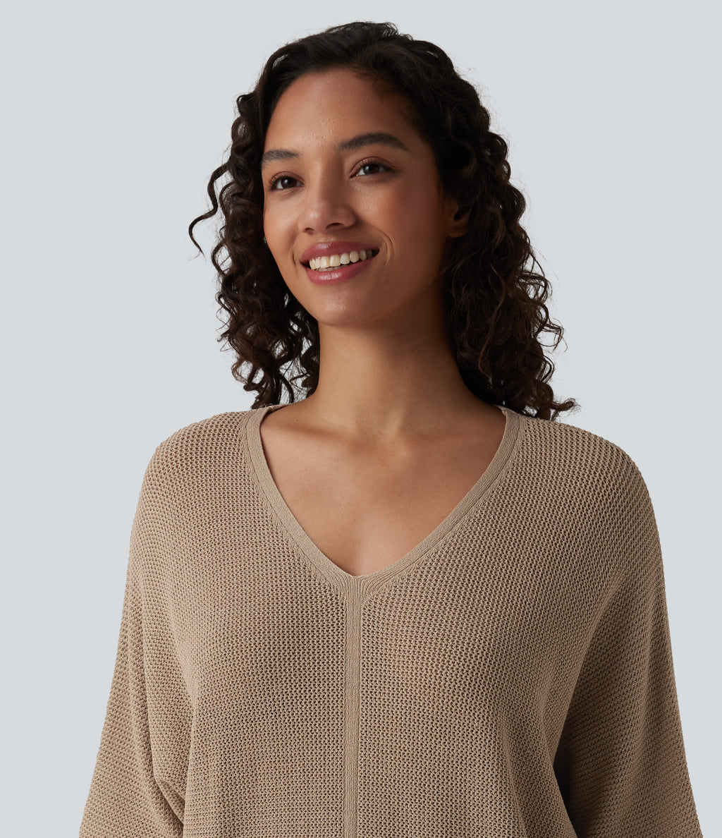 V Neck Half Sleeve Casual Jumper — Tawny Brown — view 4