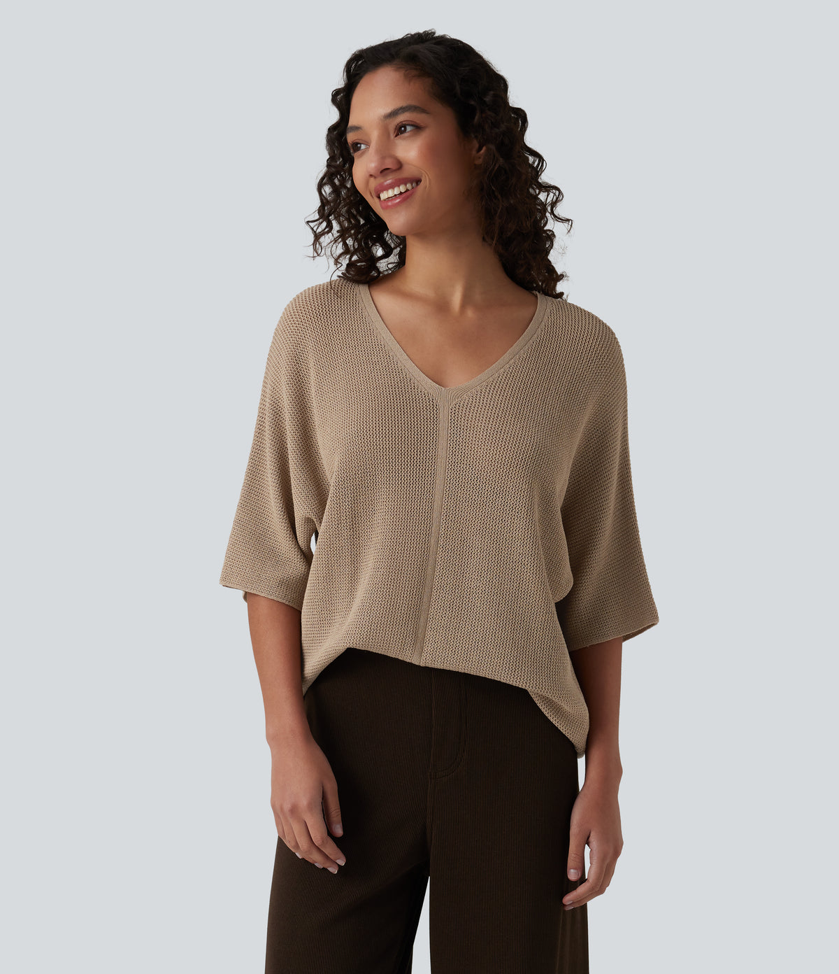 V Neck Half Sleeve Casual Jumper — Tawny Brown — view 1