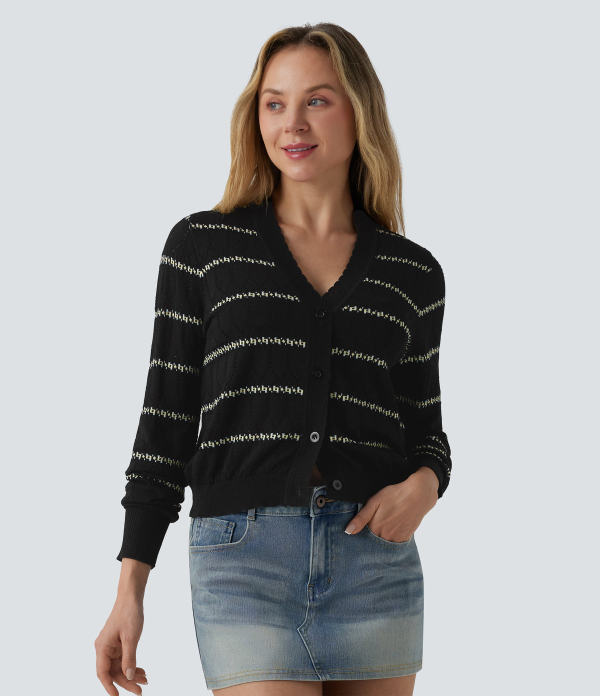 V Neck Long Sleeve Color Block Jumper Knit Cardigan — Midnight Pixel Jacquard — view 1