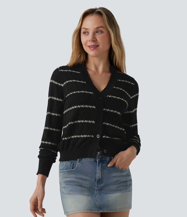 V Neck Long Sleeve Color Block Jumper Knit Cardigan — Midnight Pixel Jacquard — view 1