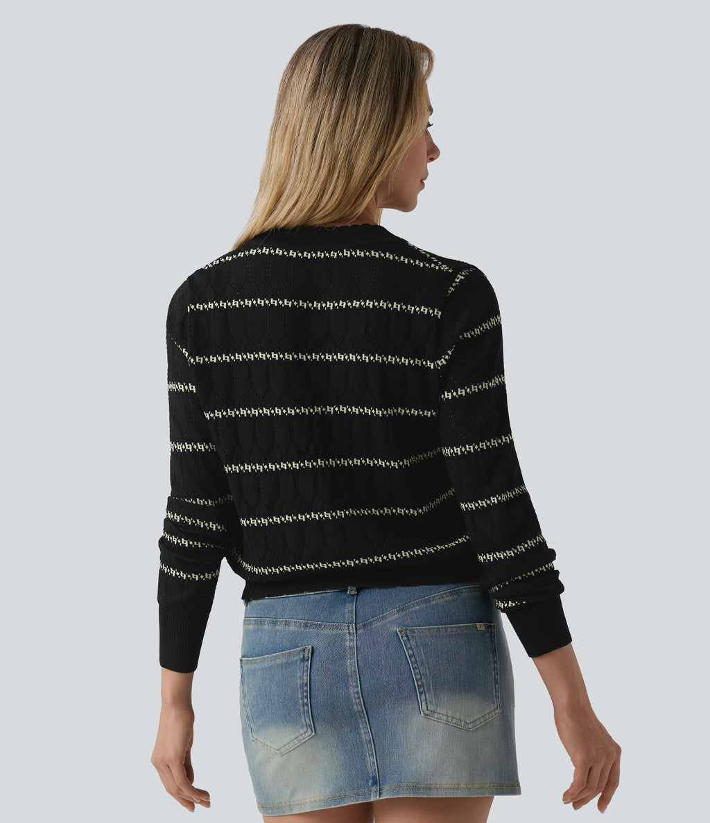 V Neck Long Sleeve Color Block Jumper Knit Cardigan — Midnight Pixel Jacquard — view 2