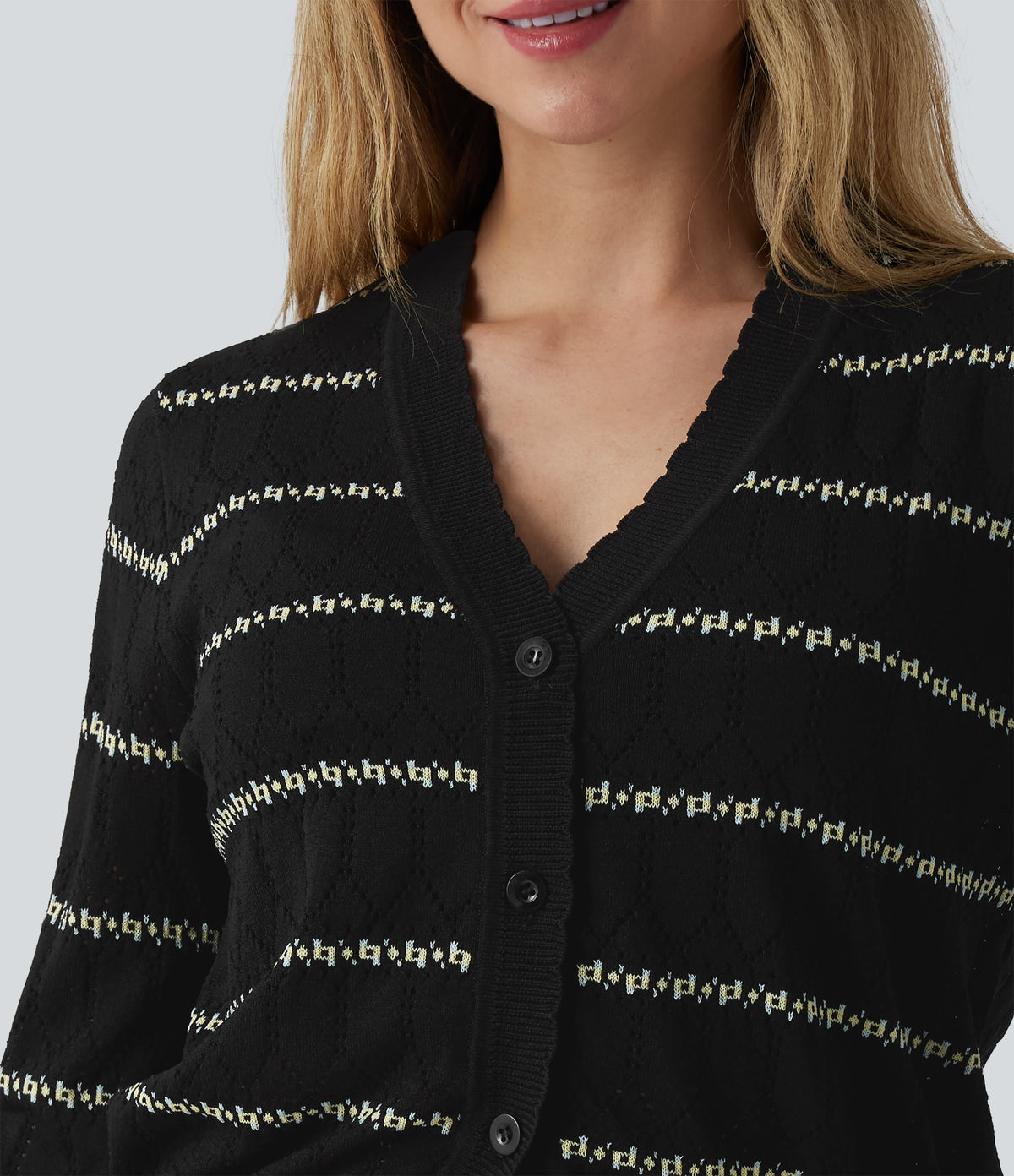V Neck Long Sleeve Color Block Jumper Knit Cardigan — Midnight Pixel Jacquard — view 4