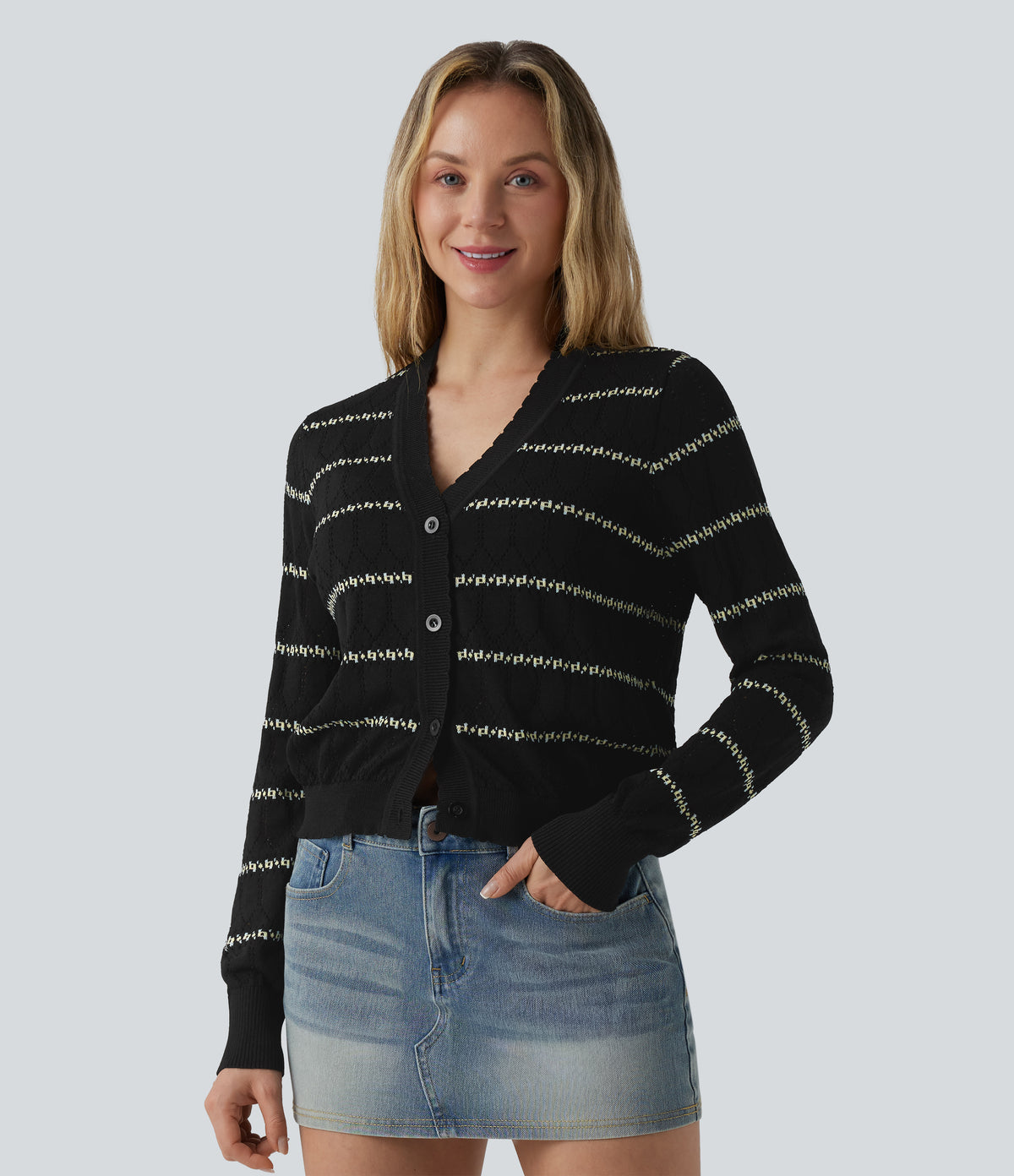 V Neck Long Sleeve Color Block Jumper Knit Cardigan — Midnight Pixel Jacquard — view 5
