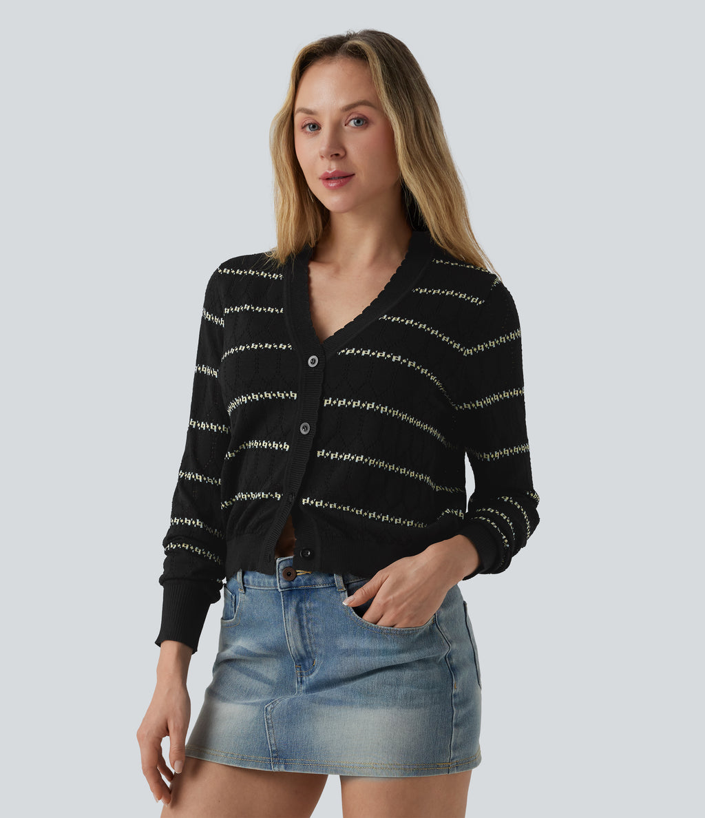 V Neck Long Sleeve Color Block Jumper Knit Cardigan — Midnight Pixel Jacquard — view 3