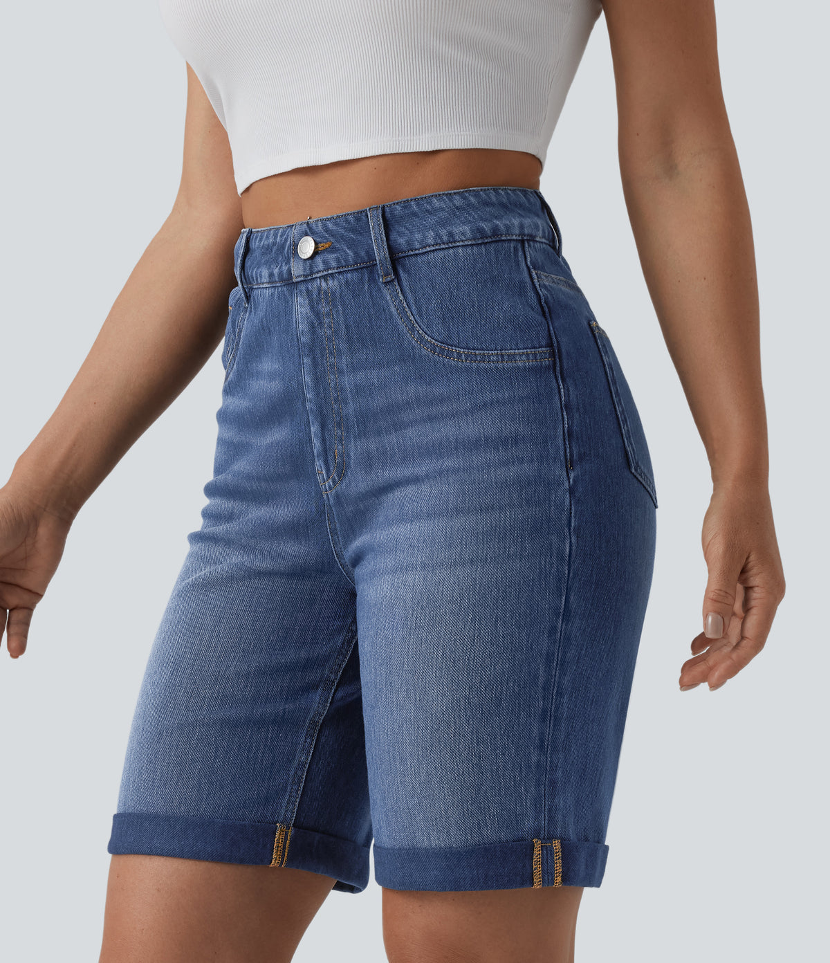 High Waisted Tummy Control Rolled Hem Washed Denim Casual Shorts with Pockets — Estate Blue Denim — view 3
