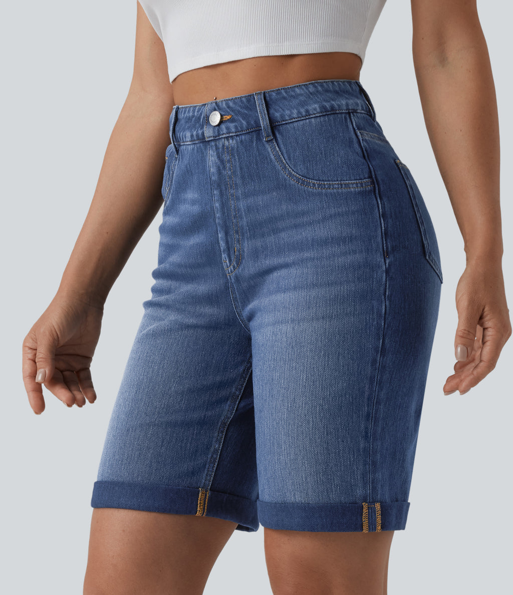 High Waisted Tummy Control Rolled Hem Washed Denim Casual Shorts with Pockets — Estate Blue Denim — view 4