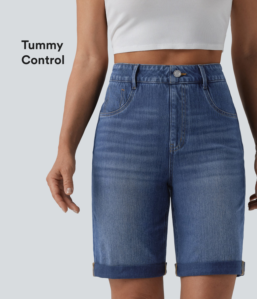 High Waisted Tummy Control Rolled Hem Washed Denim Casual Shorts with Pockets — Estate Blue Denim — view 1
