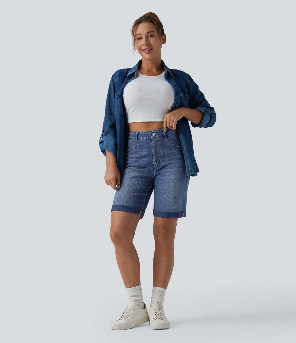 High Waisted Tummy Control Rolled Hem Washed Denim Casual Shorts with Pockets — Estate Blue Denim — view 6