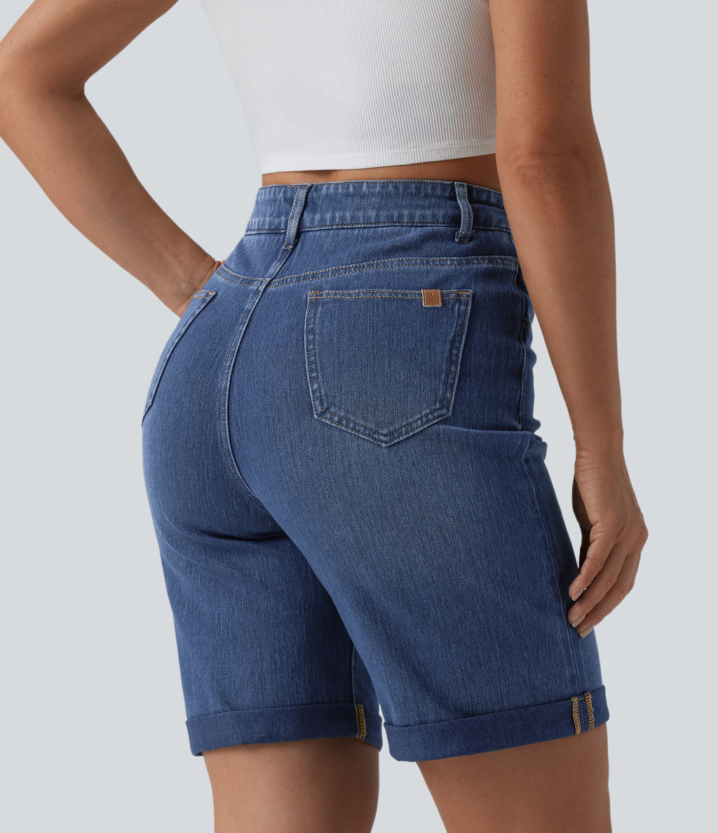 High Waisted Tummy Control Rolled Hem Washed Denim Casual Shorts with Pockets — Estate Blue Denim — view 2